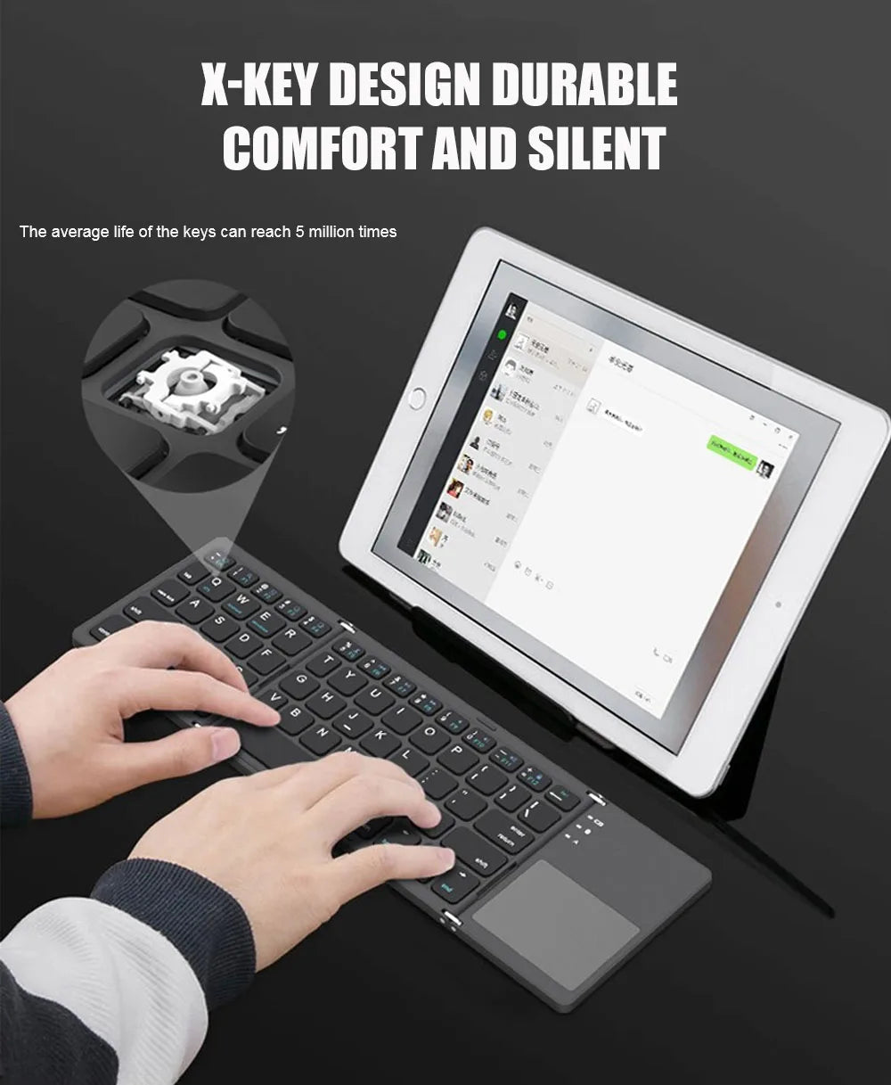 B033 Mini Wireless Keyboard Bluetooth Touchpad Portable Magnetic Triple Folding Keyboard for Windows Android IOS iPad Phone
