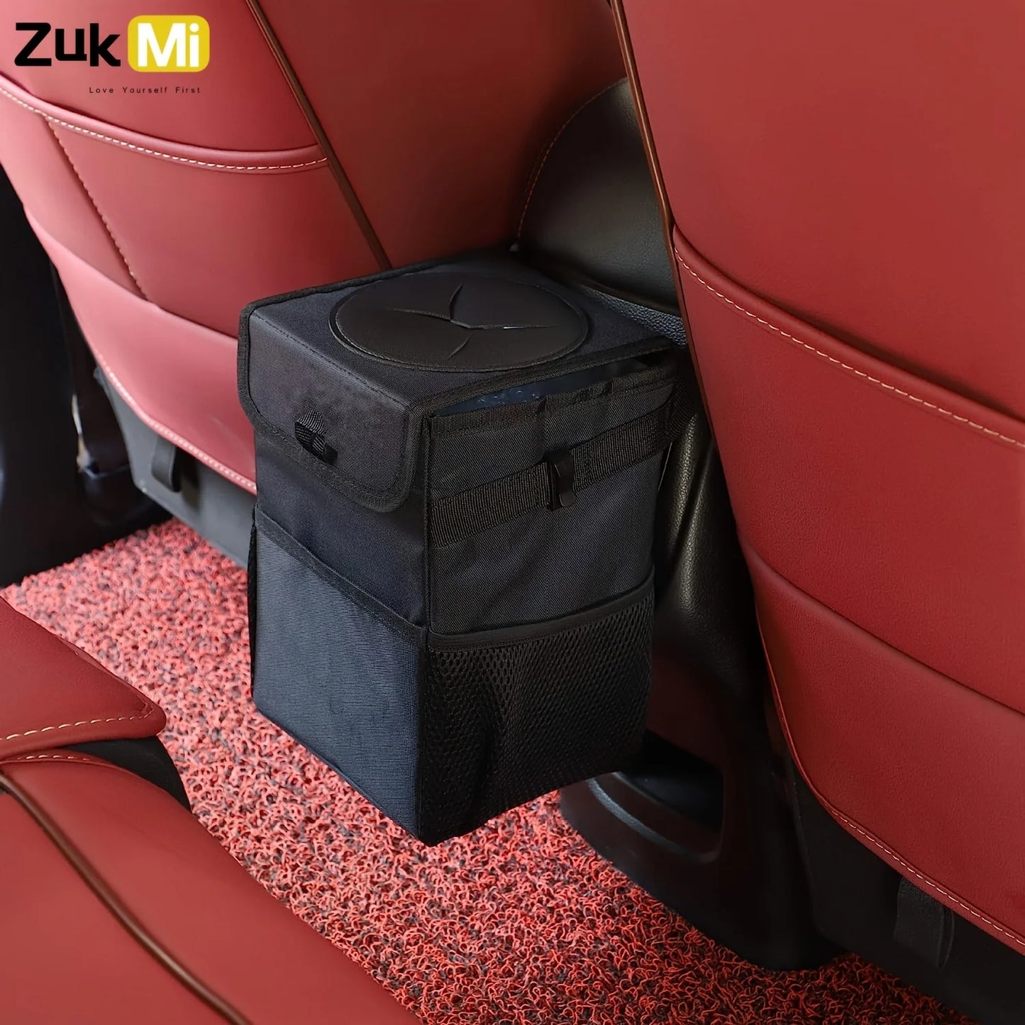 ZukMi Car Trash Can with Lid - Car Trash Bag Hanging with Storage Pockets Collapsible and Portable Car Garbage Bin