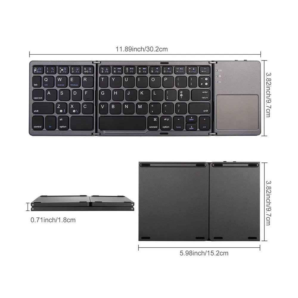 B033 Mini Wireless Keyboard Bluetooth Touchpad Portable Magnetic Triple Folding Keyboard for Windows Android IOS iPad Phone