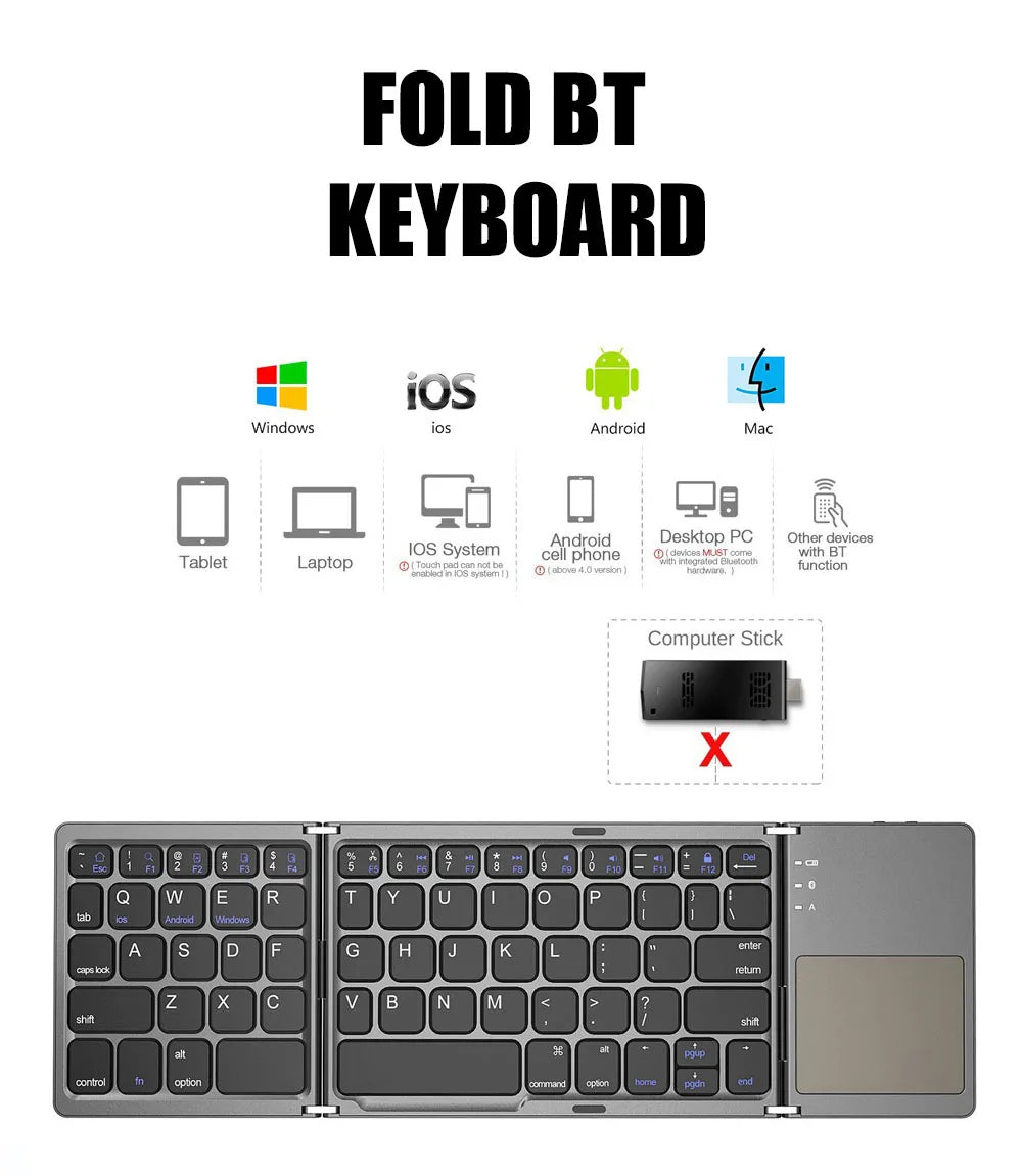 B033 Mini Wireless Keyboard Bluetooth Touchpad Portable Magnetic Triple Folding Keyboard for Windows Android IOS iPad Phone