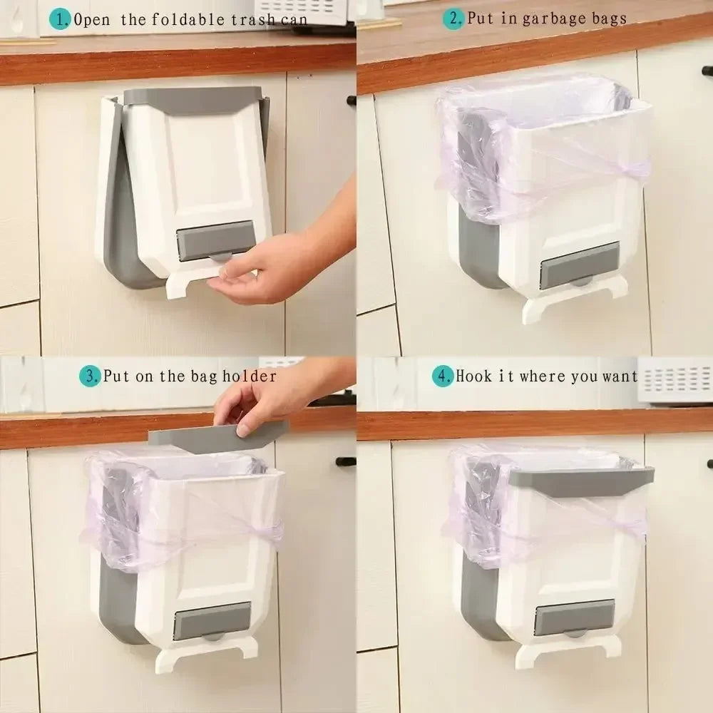 7L/10L Collapsible Trash Can Wall Mounted Slim Trash Can with Trash Bag Container Plastic Hanging Trash Can for Kitchen Bathroom