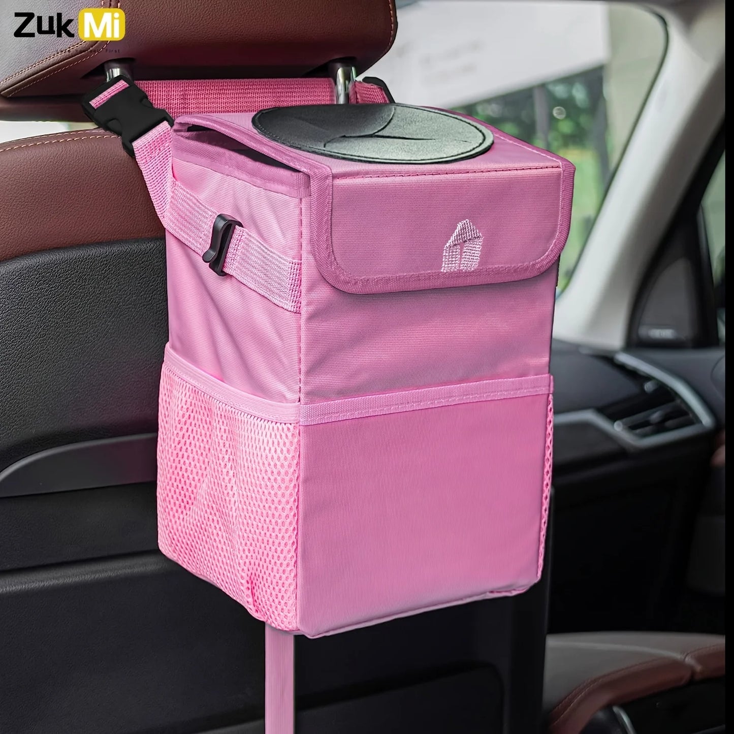ZukMi Car Trash Can with Lid - Car Trash Bag Hanging with Storage Pockets Collapsible and Portable Car Garbage Bin