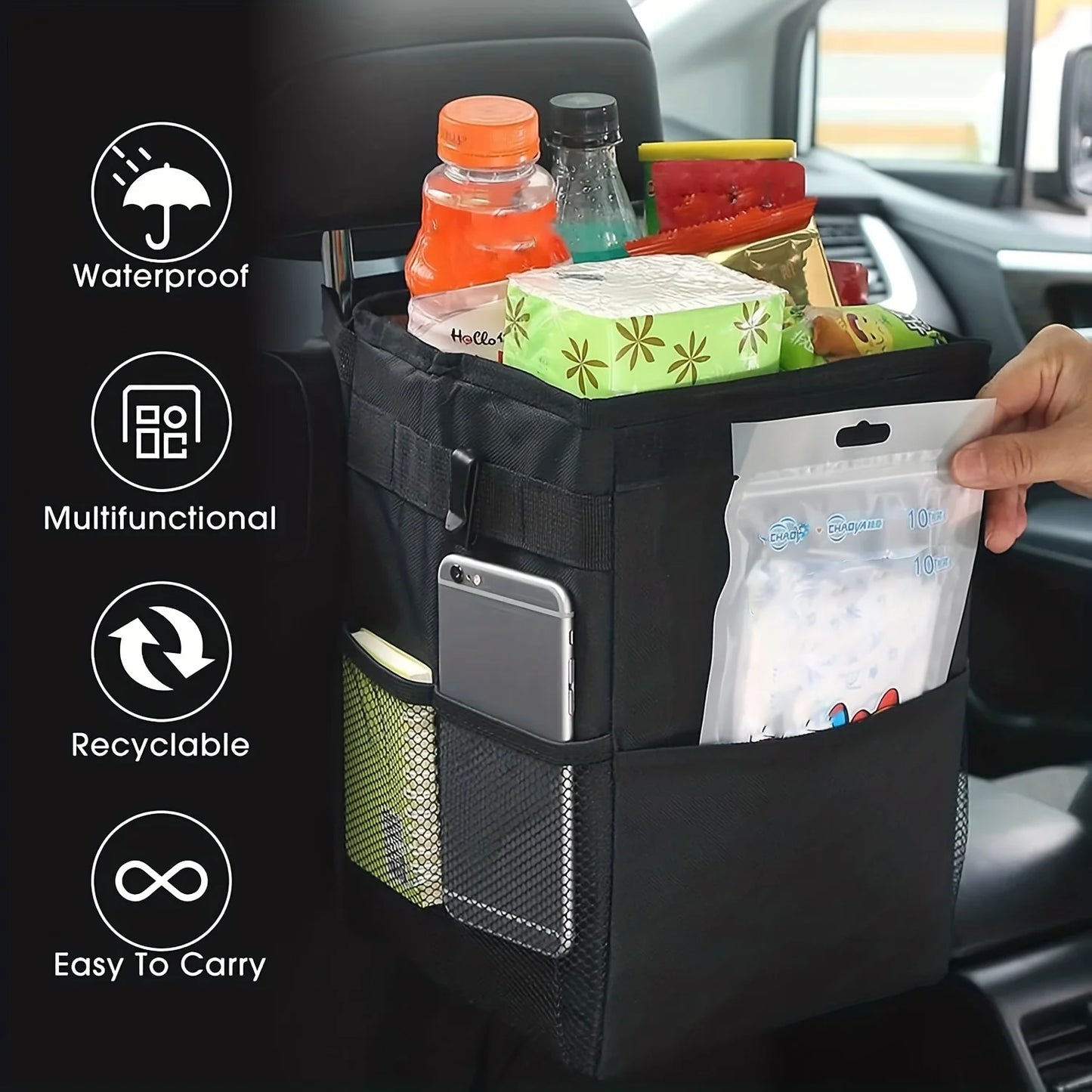 ZukMi Car Trash Can with Lid - Car Trash Bag Hanging with Storage Pockets Collapsible and Portable Car Garbage Bin