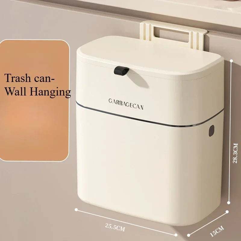 9L/12L DIY Cream-Colored Wall-mounted Kitchen Trash Can with Lid for Food Waste and Bathroom No Bending High Appearance Level